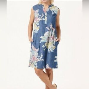 Denim & Co. Stretch Denim A-Line blue dress  floral print Size Large